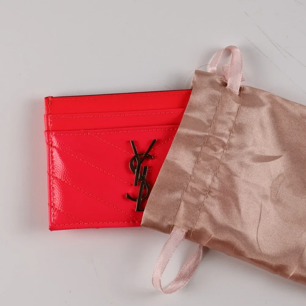 Saint Laurent Card Holder Cassandre Monogram Neon Pink Leather MSRP $380